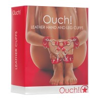 Ouch Leather Hand and Leg Cuffs Red