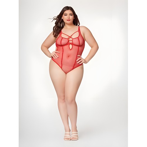 Fishnet Strappy High Cut Leg Teddy - Red 3X/4X