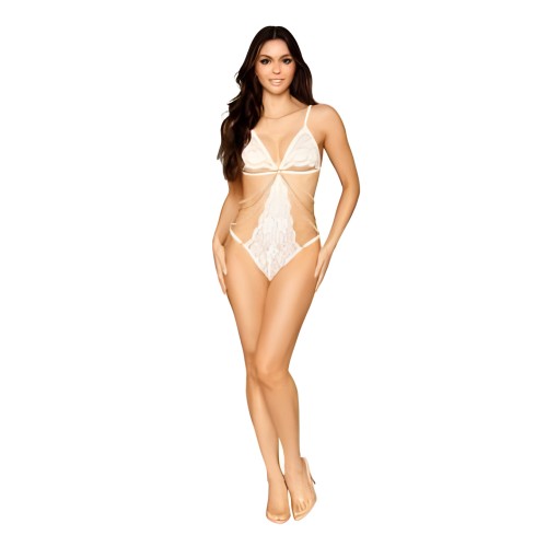 Stretch Lace Teddy with Pearls - White