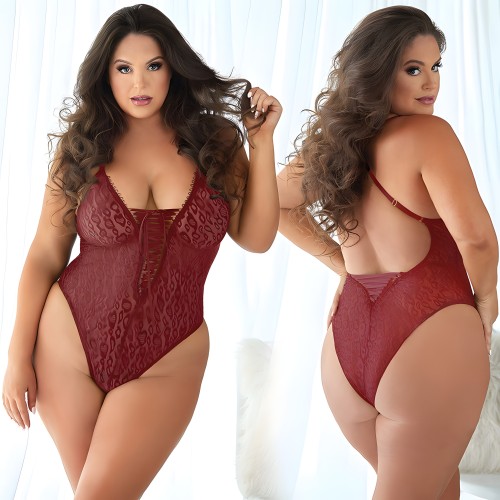 Allure Leopard Lace Up Teddy - Burgundy 2X/3X