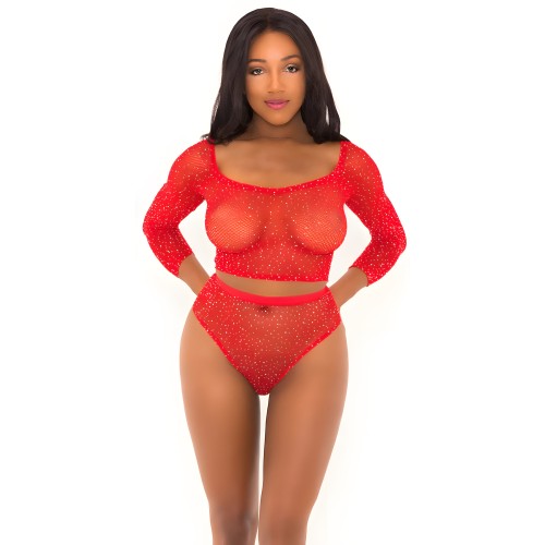 Top Corto con Piedras y Panty a Juego Rojo O/S