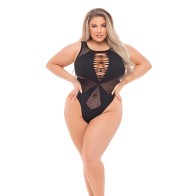 Pink Lipstick Highneck Bodysuit Black