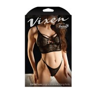 Vixen Call Me Yours Longline Bralette With Grommets & Thong Panty Black O/S