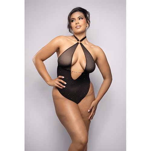 Rhinestone Mesh Halter Teddy - Black 1X/2X