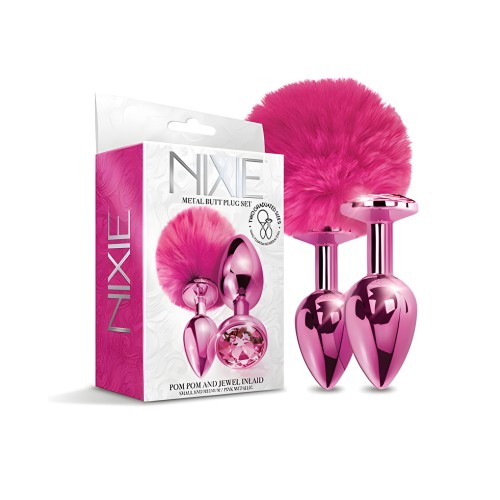 Nixie Metal Butt Plug Set Pom Pom And Jewel-inlaid Metallic Pink