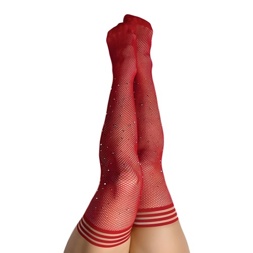 Kixies Red Fishnet Rhinestone Thigh High Size C