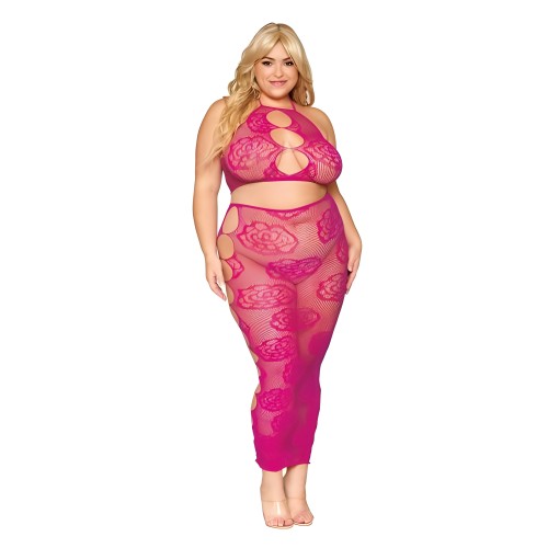 Conjunto de Bralette y Falda Larga Patrón Rosa Beet Talla Q - Lencería Elegante