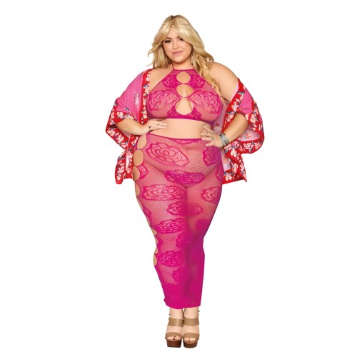Conjunto de Bralette y Falda Larga Patrón Rosa Beet Talla Q - Lencería Elegante
