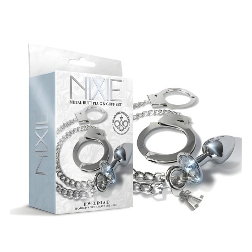 Nixie Metal Butt Plug & Handcuffs Set Silver - Anal Play & Bondage