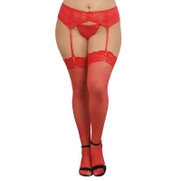Fishnet Thigh Highs W/ Lace Top Red Q/s