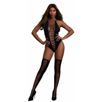 Cross Open Front Teddy and Stockings Black O/S