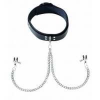 Black Leather Collar With Broad Tip Nipple Clamps